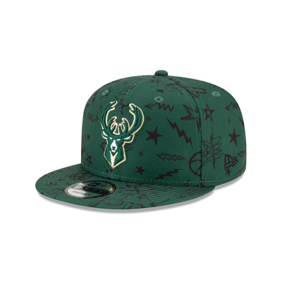 Green Milwaukee Bucks Hat - New Era NBA Doodle 9FIFTY Snapback Caps USA9836751